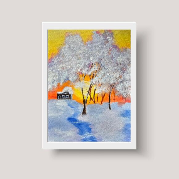 Original Forest Sunset Watercolor Painting Winter Landscape Christmas Wall Art - Picture 5 of 9